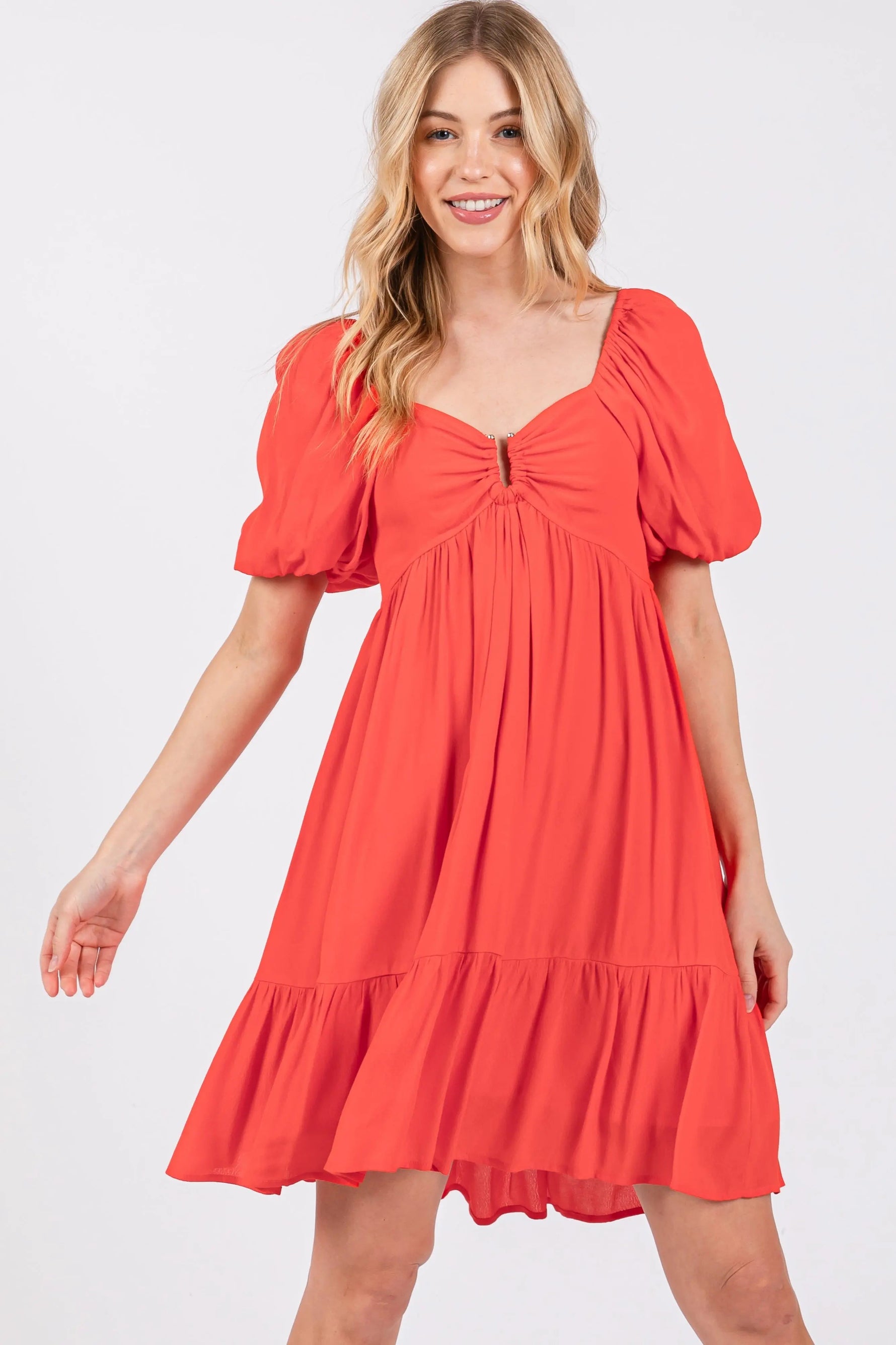 PinkBlush Red U Notched Bubble Short Sleeve Dress - 