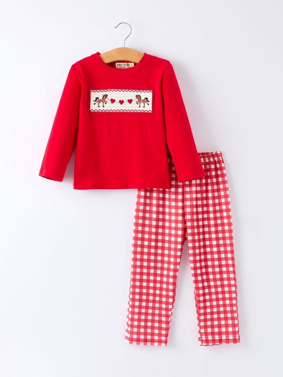 Rylee Faith Designs Red Valentine's Day Plaid Smocking Embroidered Pony Boys Set - 