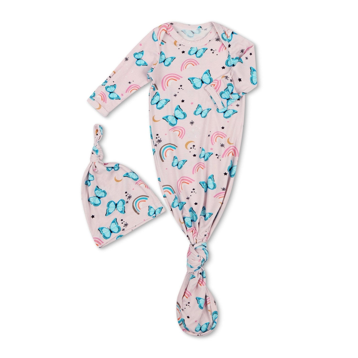 Baby gown with retro butterfly print and matching hat, featuring fold-over hand mittens at the sleeves.