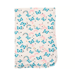 Baby swaddle blanket with a retro butterfly print in soft muted colors, laid flat.