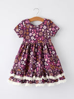 Rylee Faith Designs Retro Floral Print Short Sleeve Girls Dress with Pockets - 