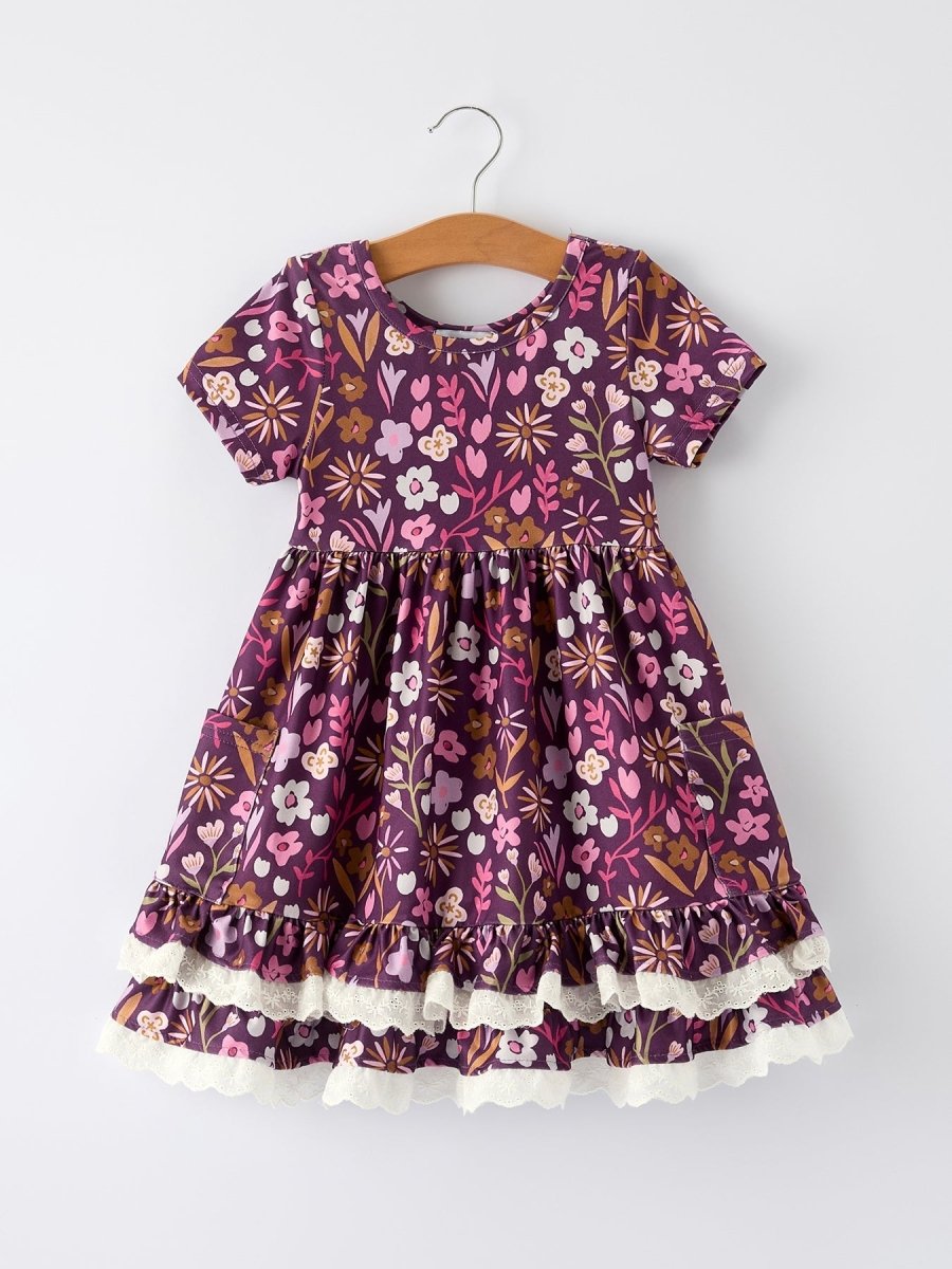 Rylee Faith Designs Retro Floral Print Short Sleeve Girls Dress with Pockets - 