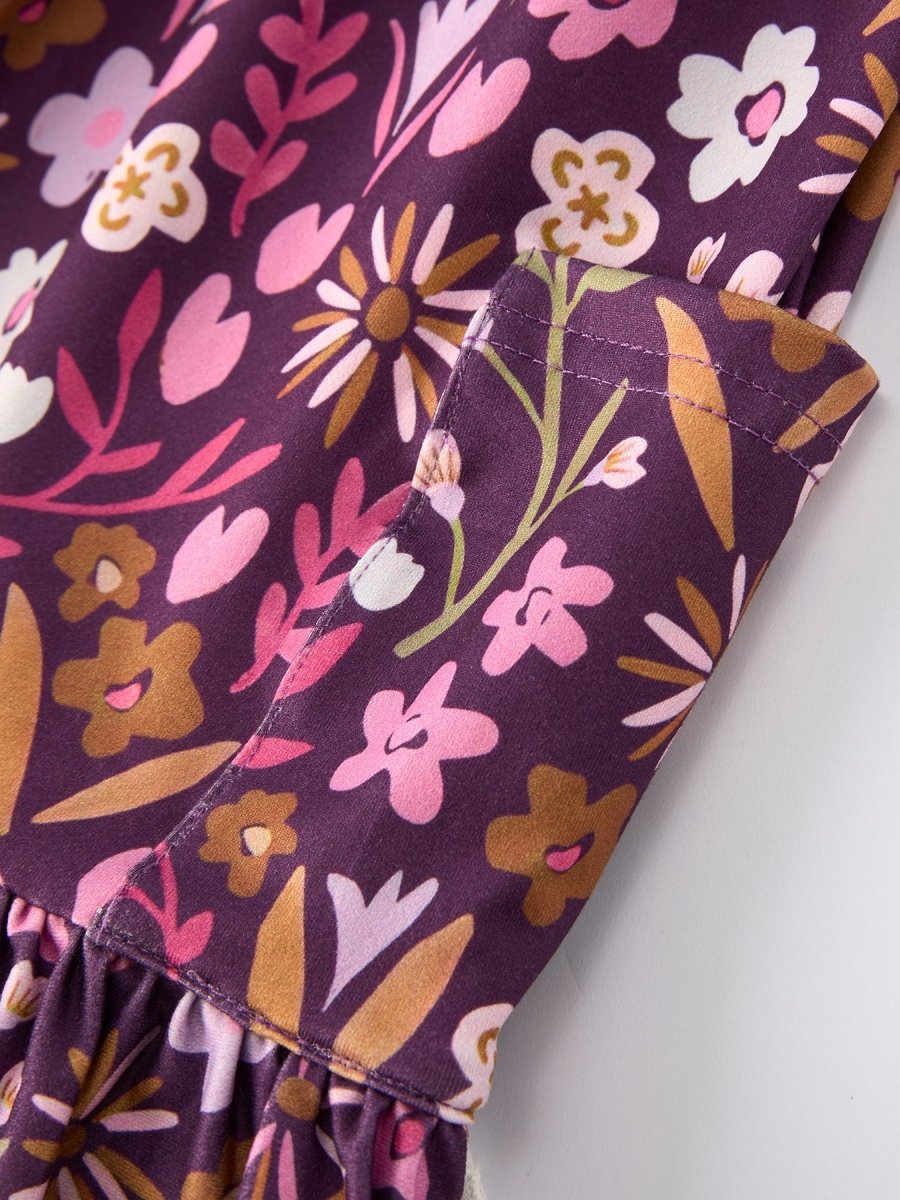 Rylee Faith Designs Retro Floral Print Short Sleeve Girls Dress with Pockets - 