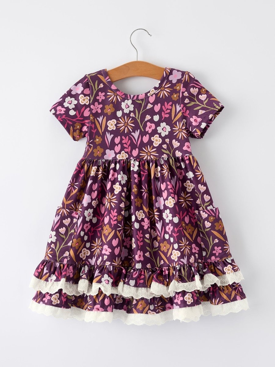 Rylee Faith Designs Retro Floral Print Short Sleeve Girls Dress with Pockets - 
