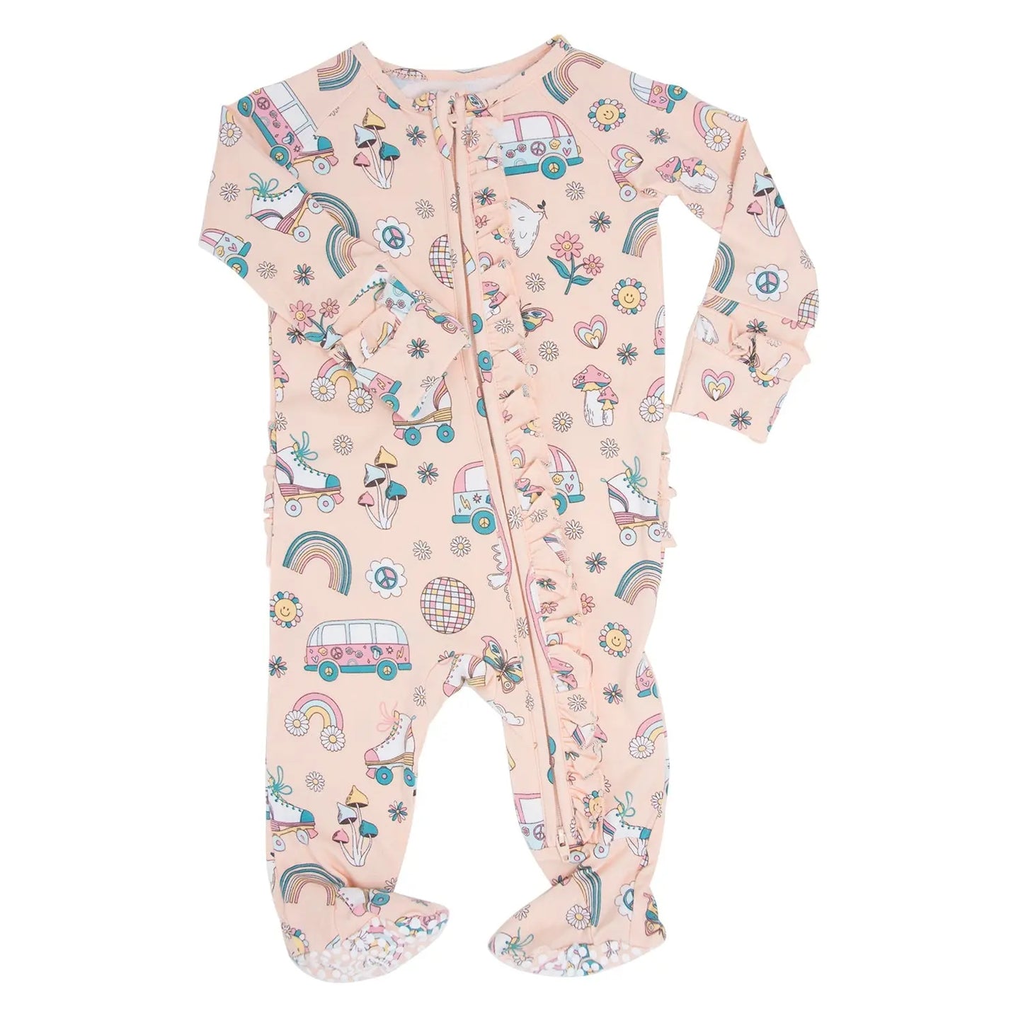Retro Roller Skates Ruffle Baby Footie with Hypoallergenic Fabric and No Slip Grips Sweet Bamboo