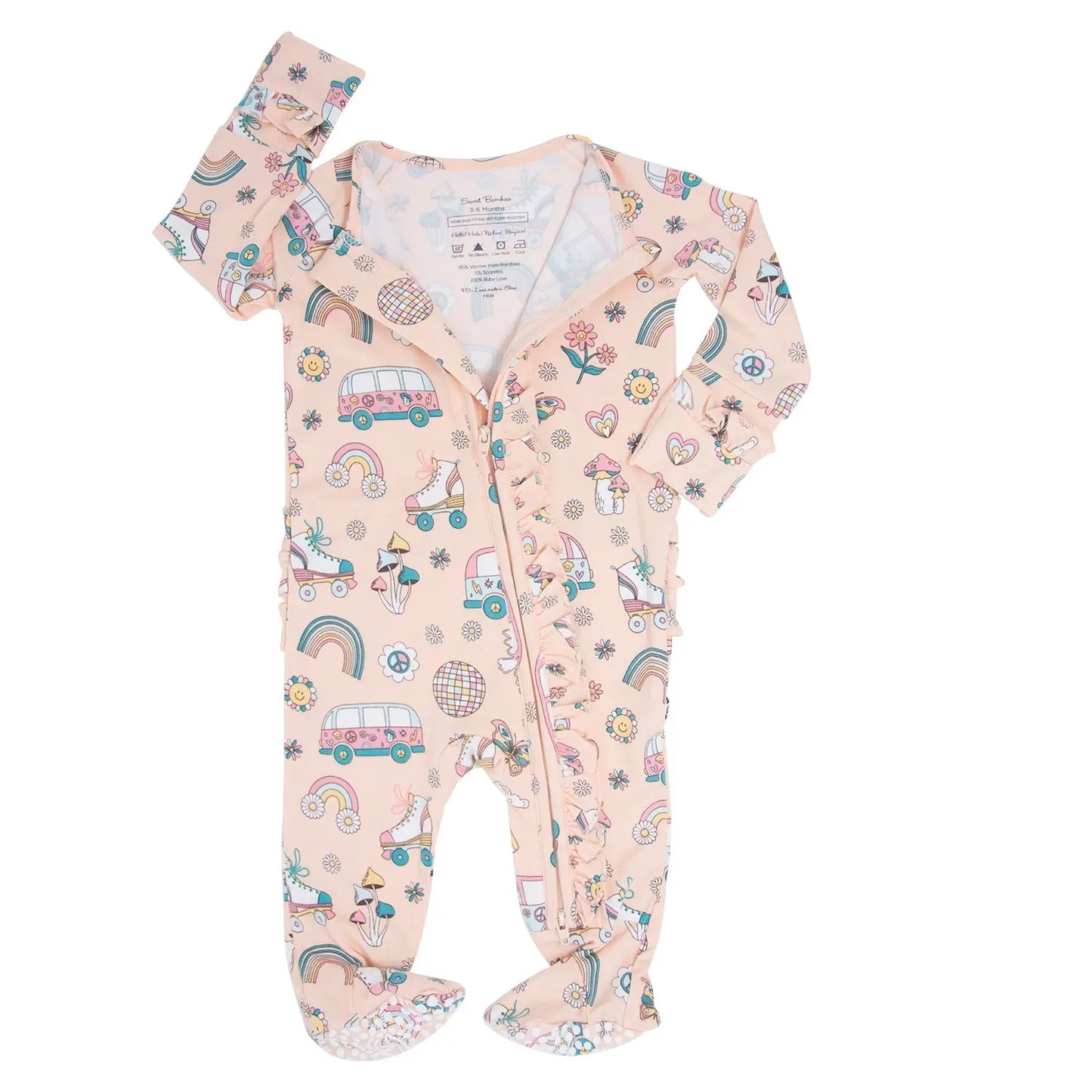 Retro Roller Skates Ruffle Baby Footie with Hypoallergenic Fabric and No Slip Grips Sweet Bamboo