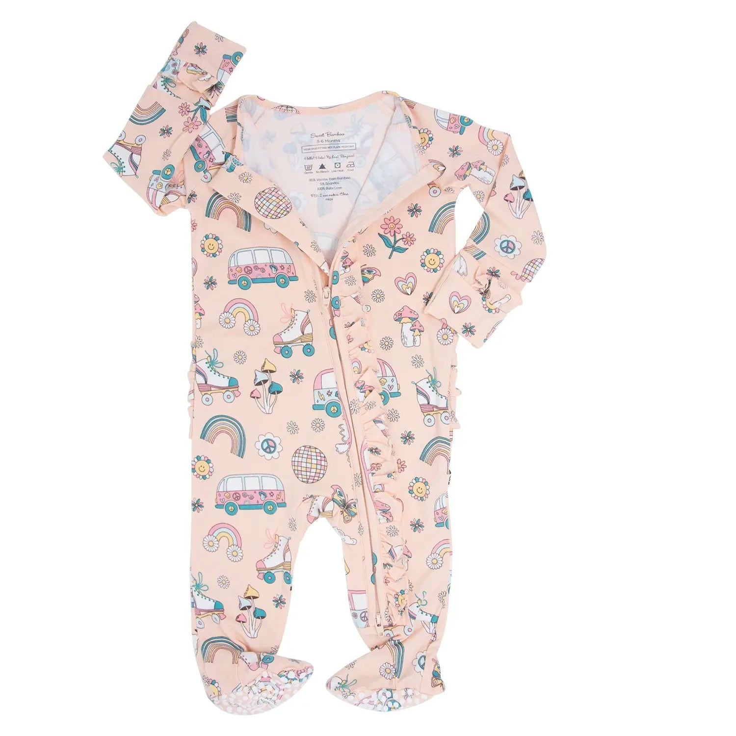 Retro Roller Skates Ruffle Baby Footie with Hypoallergenic Fabric and No Slip Grips Sweet Bamboo