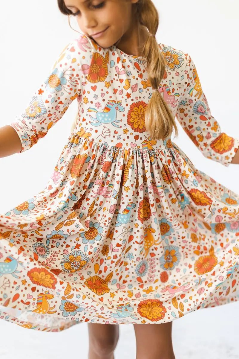 Mila & Rose ® Retro Unicorns 3/4 Sleeve Pocket Twirl Dress - 
