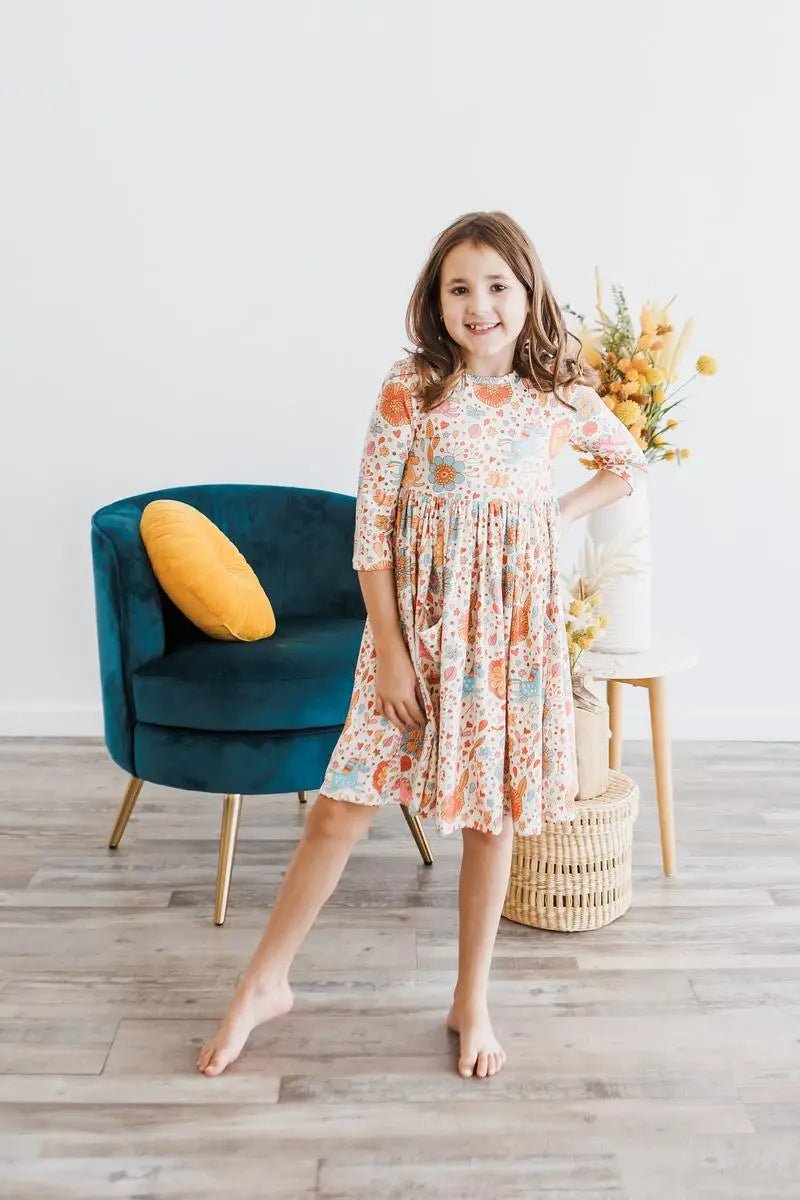 Mila & Rose ® Retro Unicorns 3/4 Sleeve Pocket Twirl Dress - 
