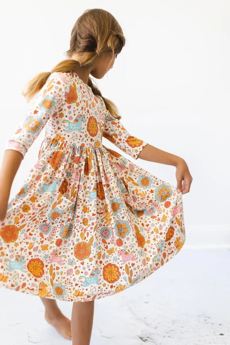 Mila & Rose ® Retro Unicorns 3/4 Sleeve Pocket Twirl Dress - 