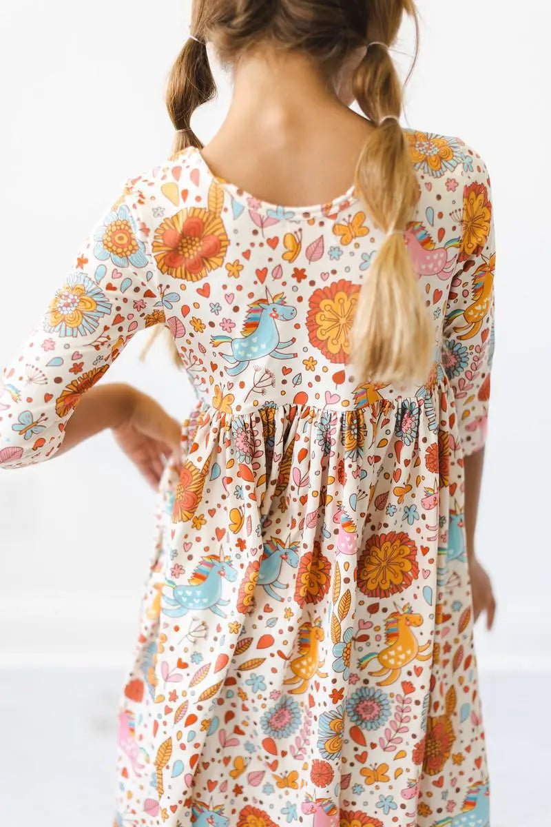 Mila & Rose ® Retro Unicorns 3/4 Sleeve Pocket Twirl Dress - 