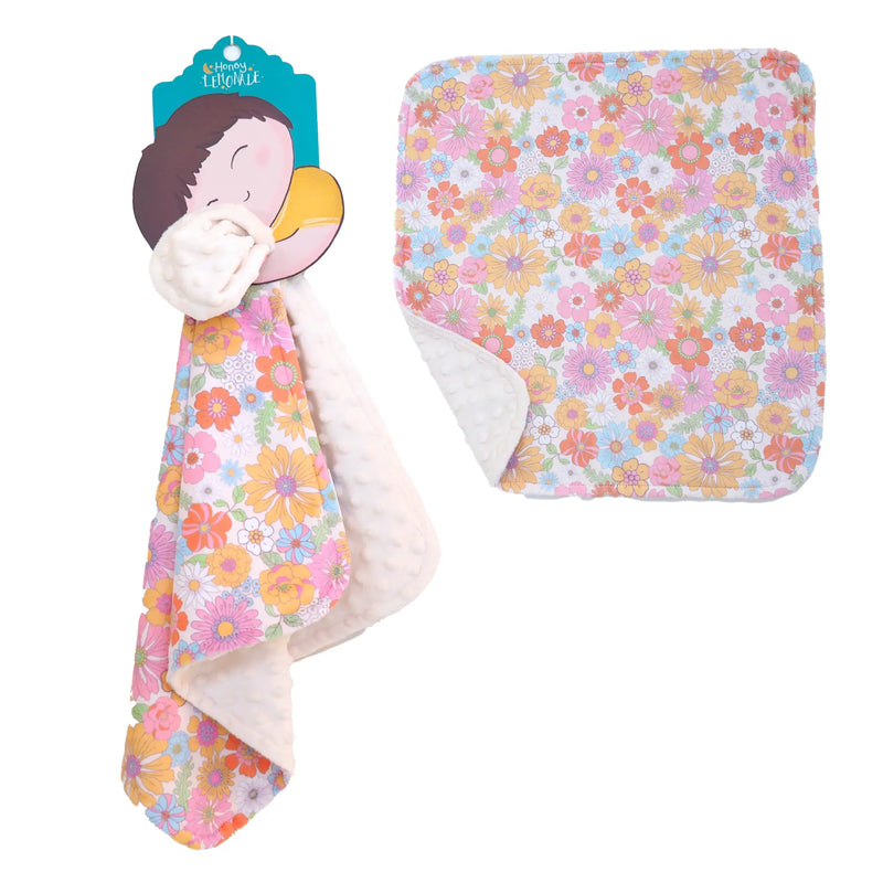 Mini Minky Retro Floral toddler blanket with colorful floral print and soft Minky fabric, perfect size for toddlers.