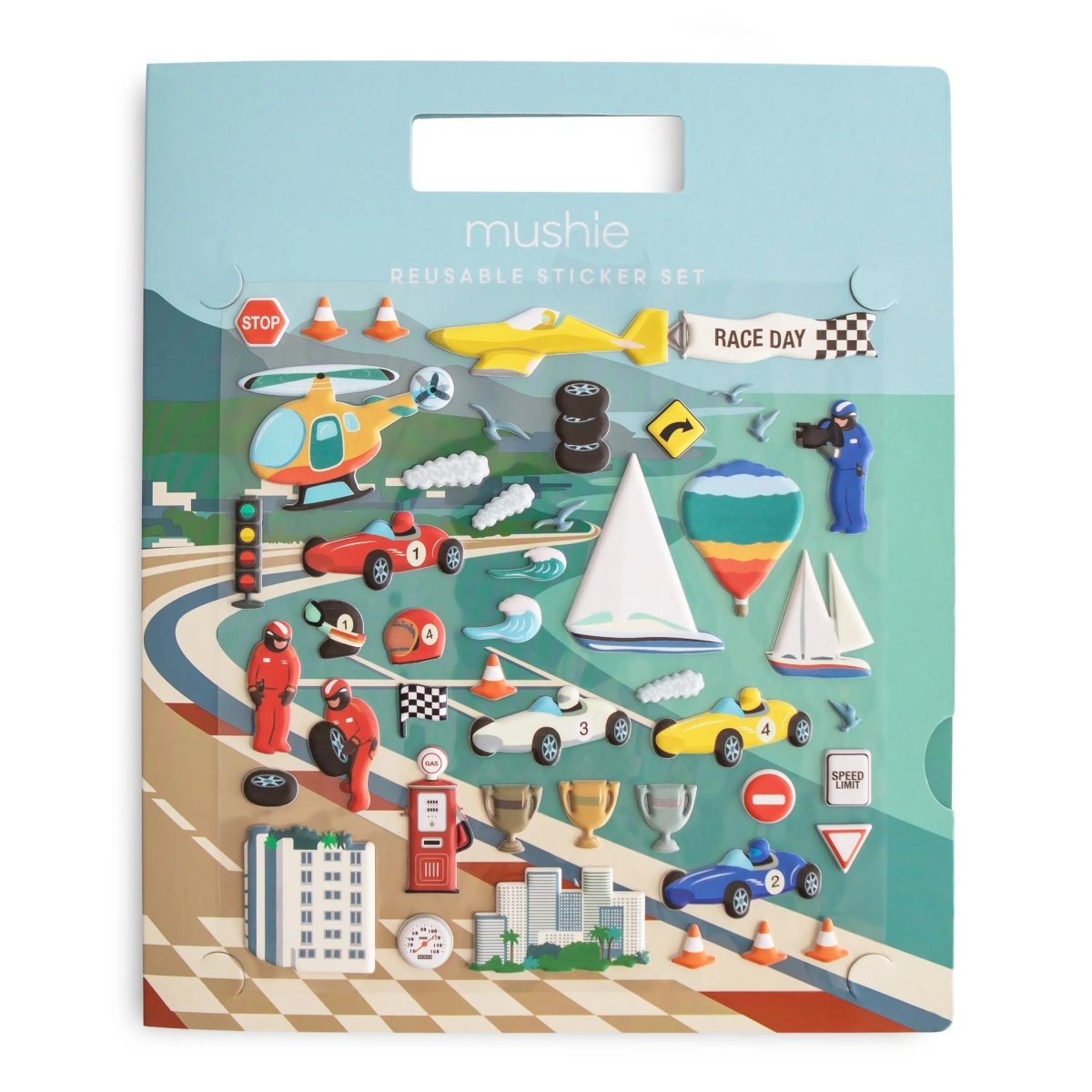Mushie Reusable Race Car Sticker Set for Imaginative Play and Storytelling - 