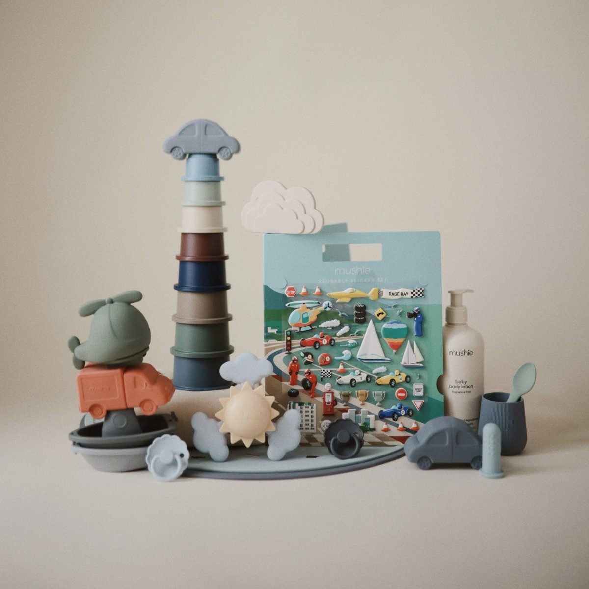 Mushie Reusable Race Car Sticker Set for Imaginative Play and Storytelling - 