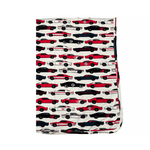 Square baby swaddle blanket with a colorful print of race cars and sports cars.