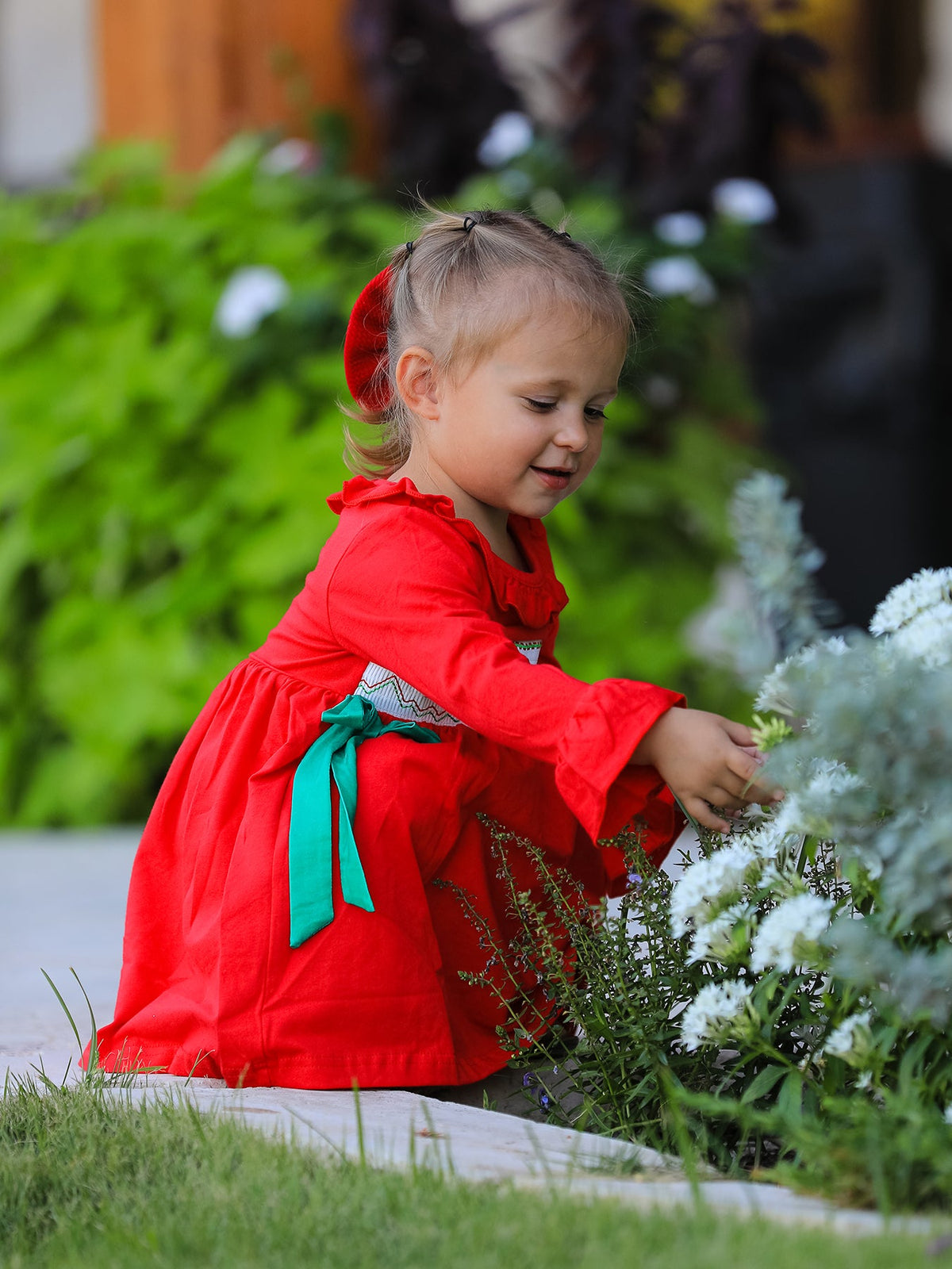 Christmas Smocked Dress with Green Bow and Tree Embroidery by Rylee Faith Designs