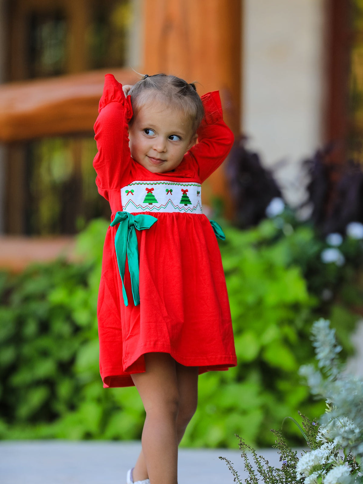 Christmas Smocked Dress with Green Bow and Tree Embroidery by Rylee Faith Designs