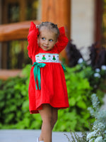 Christmas Smocked Dress with Green Bow and Tree Embroidery by Rylee Faith Designs