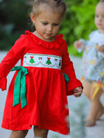 Christmas Smocked Dress with Green Bow and Tree Embroidery by Rylee Faith Designs