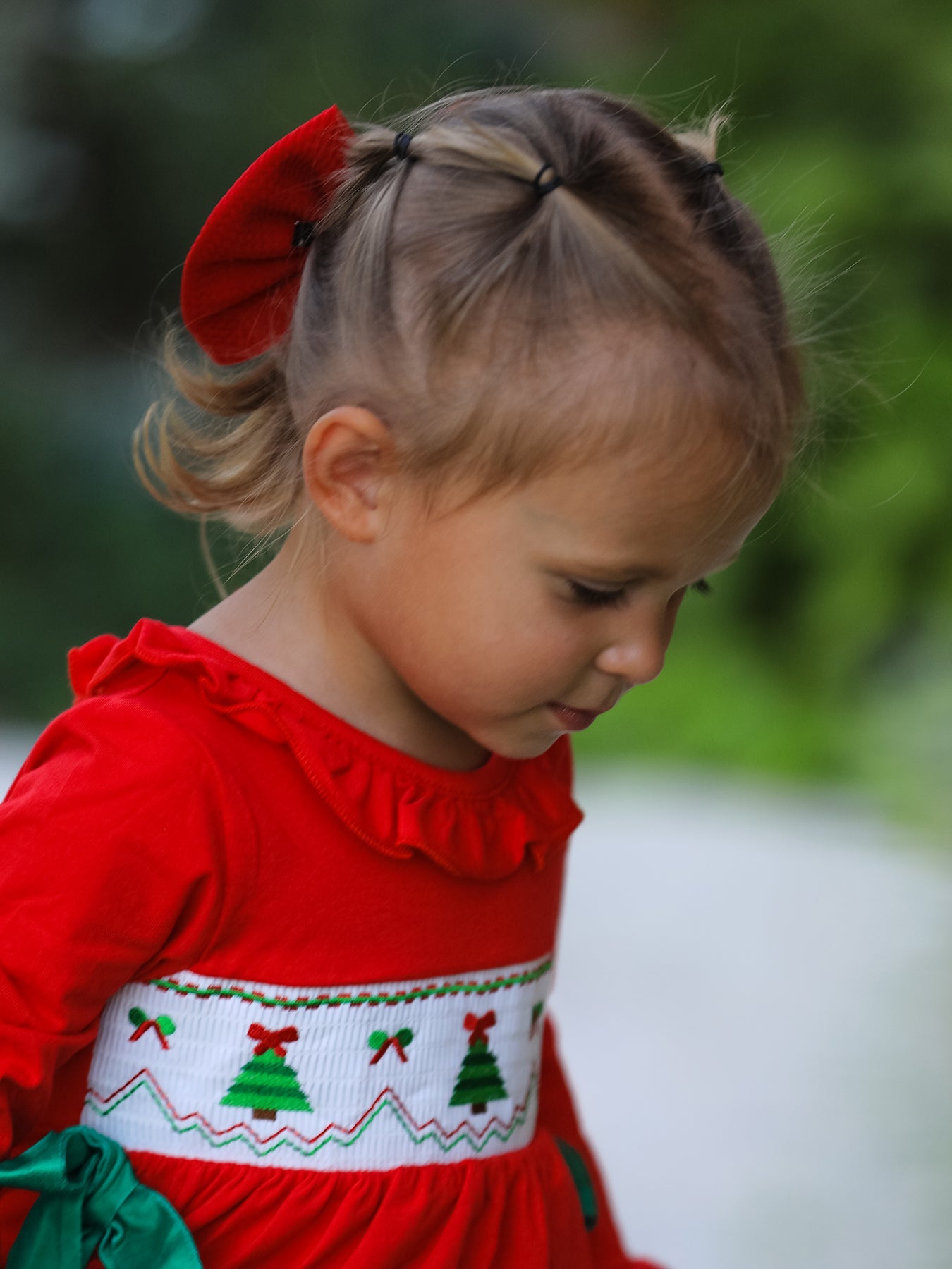 Christmas Smocked Dress with Green Bow and Tree Embroidery by Rylee Faith Designs
