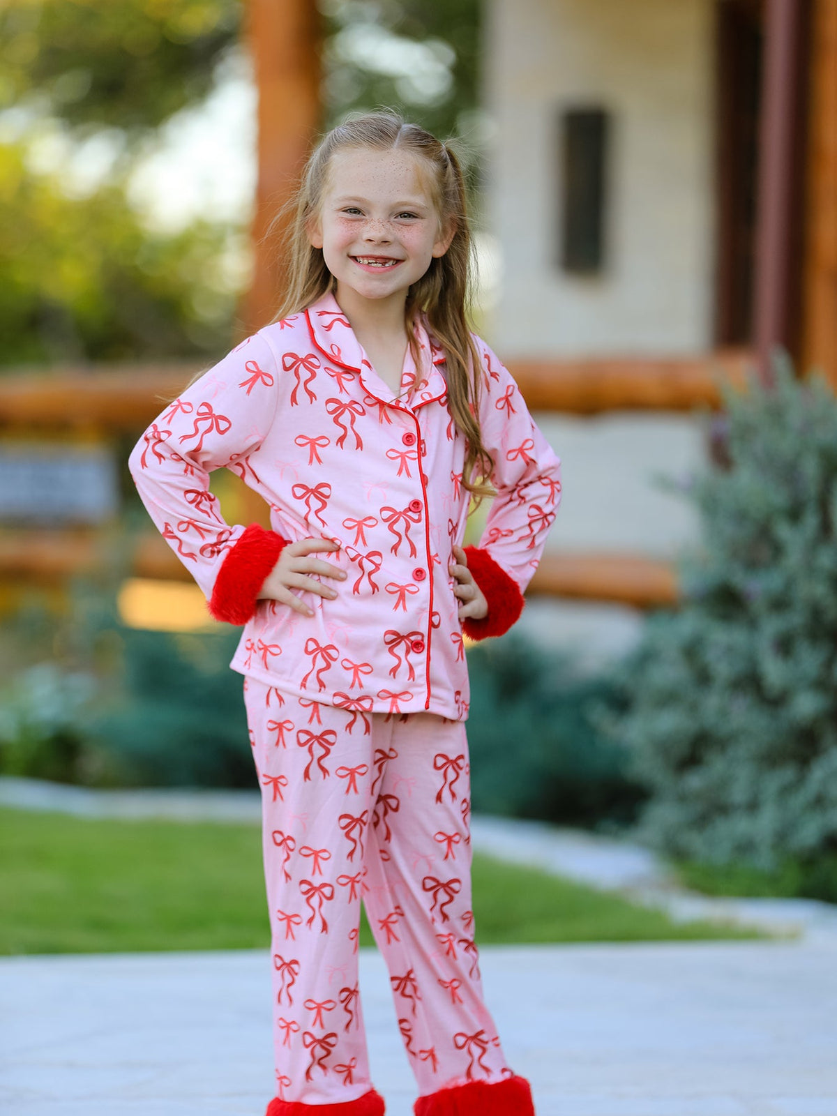 Bow Girls Pajama Set with Furry Trim by Rylee Faith Designs