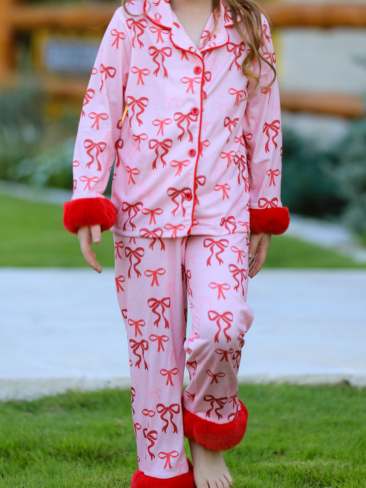 Bow Girls Pajama Set with Furry Trim by Rylee Faith Designs