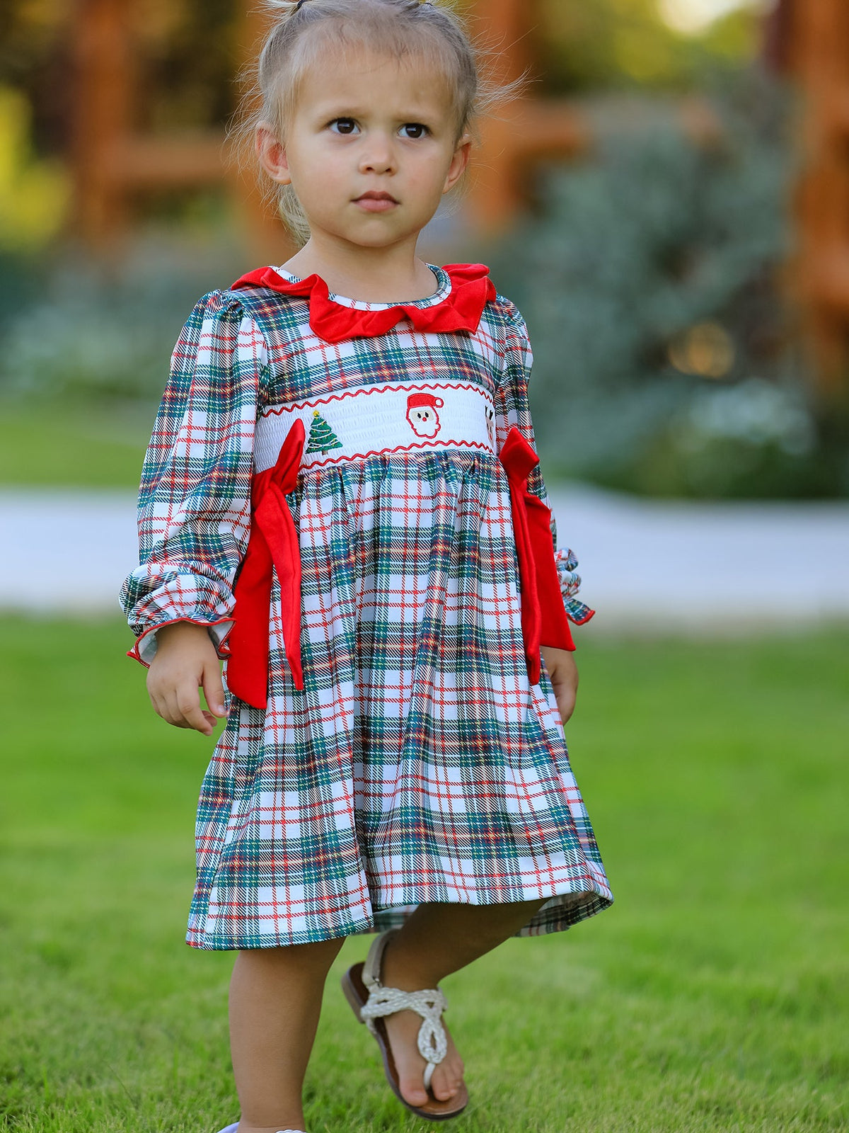 Christmas Embroidery Smocking Bow Plaid Girls Dress by Rylee Faith Designs