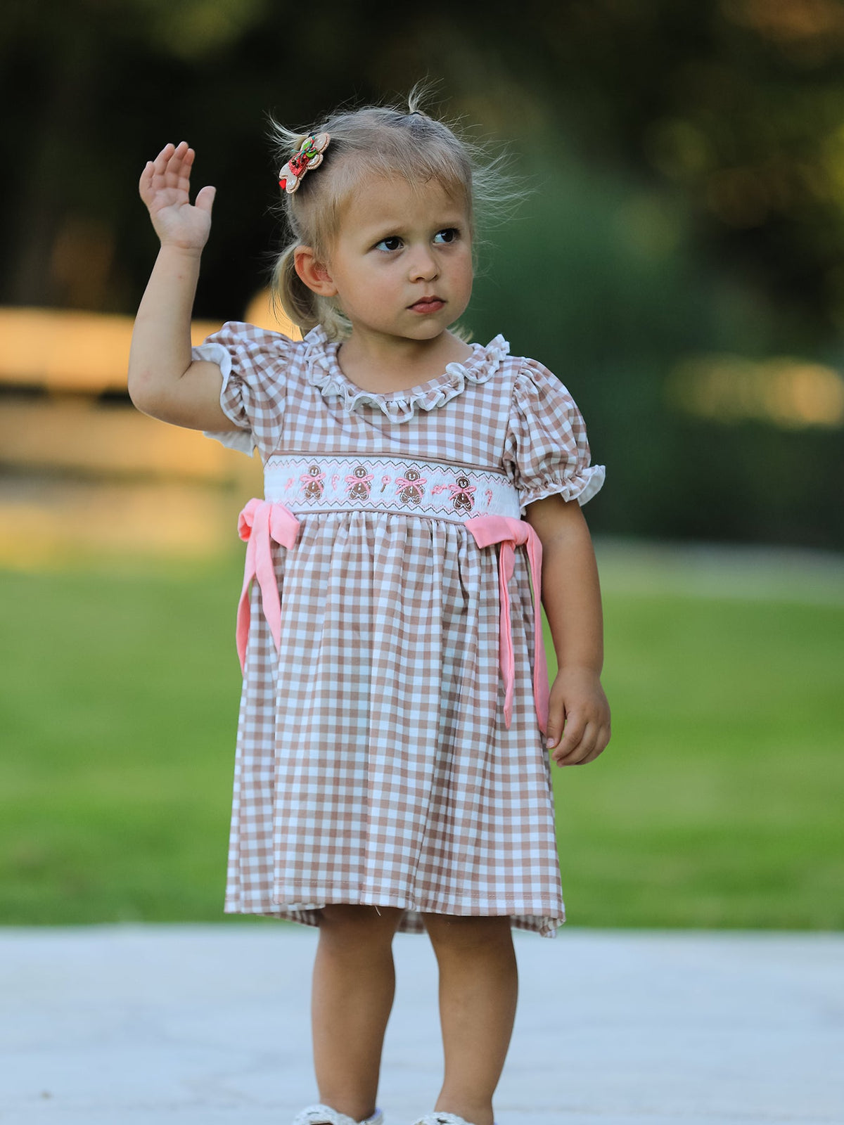 Christmas Vintage-Style Plaid Dress with Embroidered Gingerbread and Bows by Rylee Faith Designs