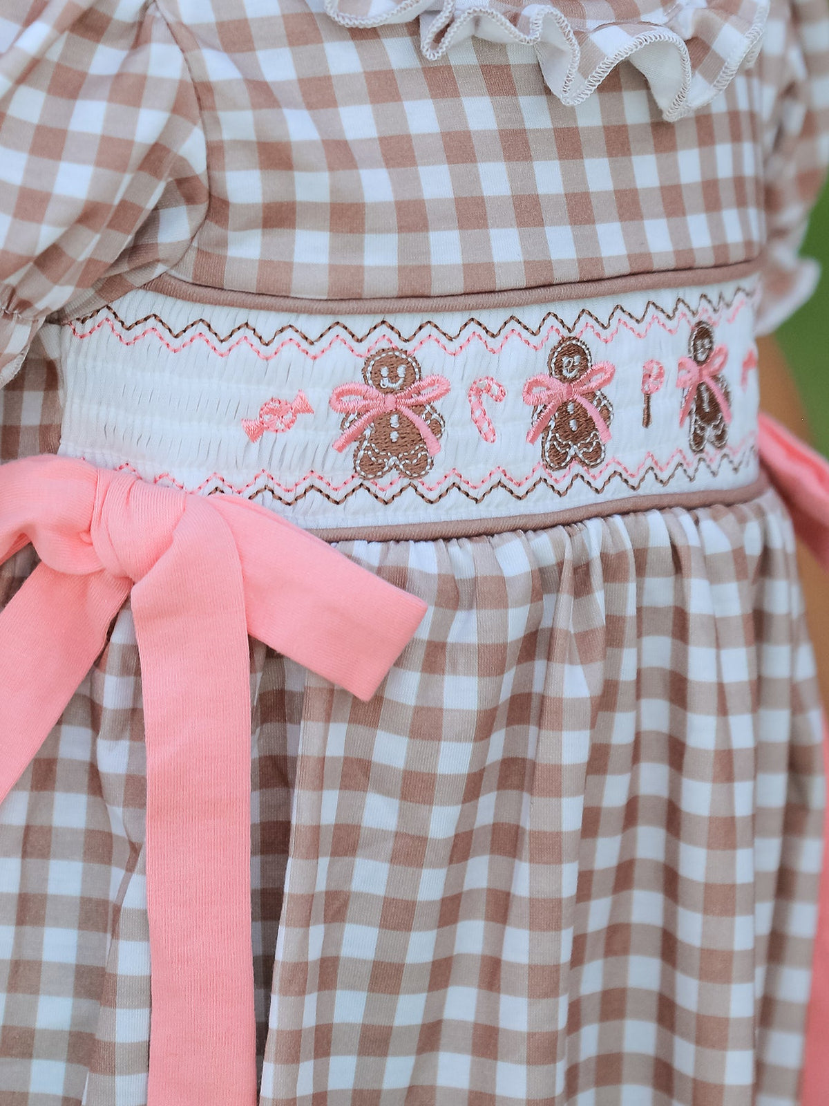 Christmas Vintage-Style Plaid Dress with Embroidered Gingerbread and Bows by Rylee Faith Designs