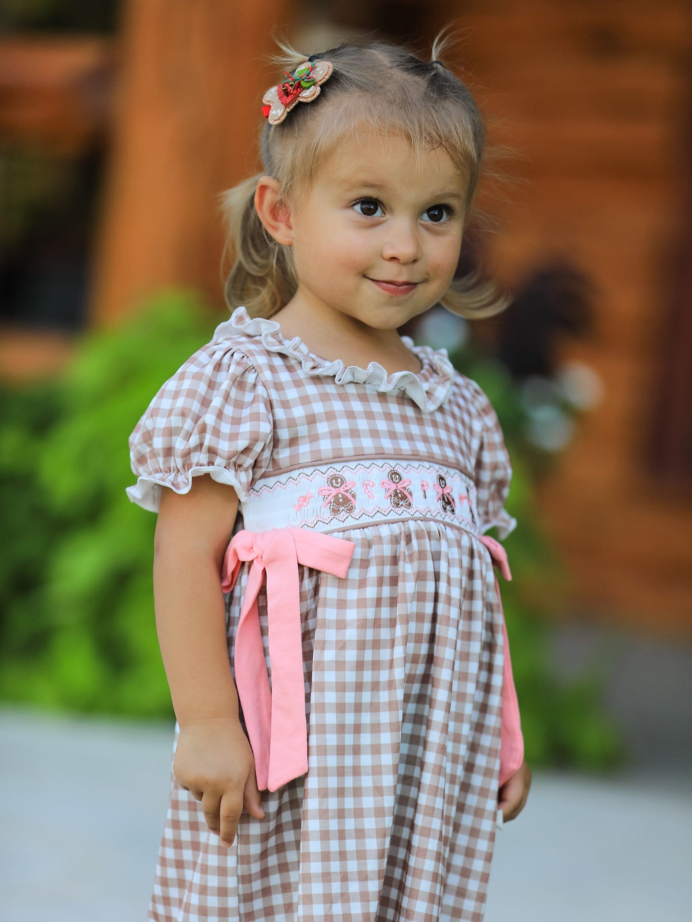 Christmas Vintage-Style Plaid Dress with Embroidered Gingerbread and Bows by Rylee Faith Designs