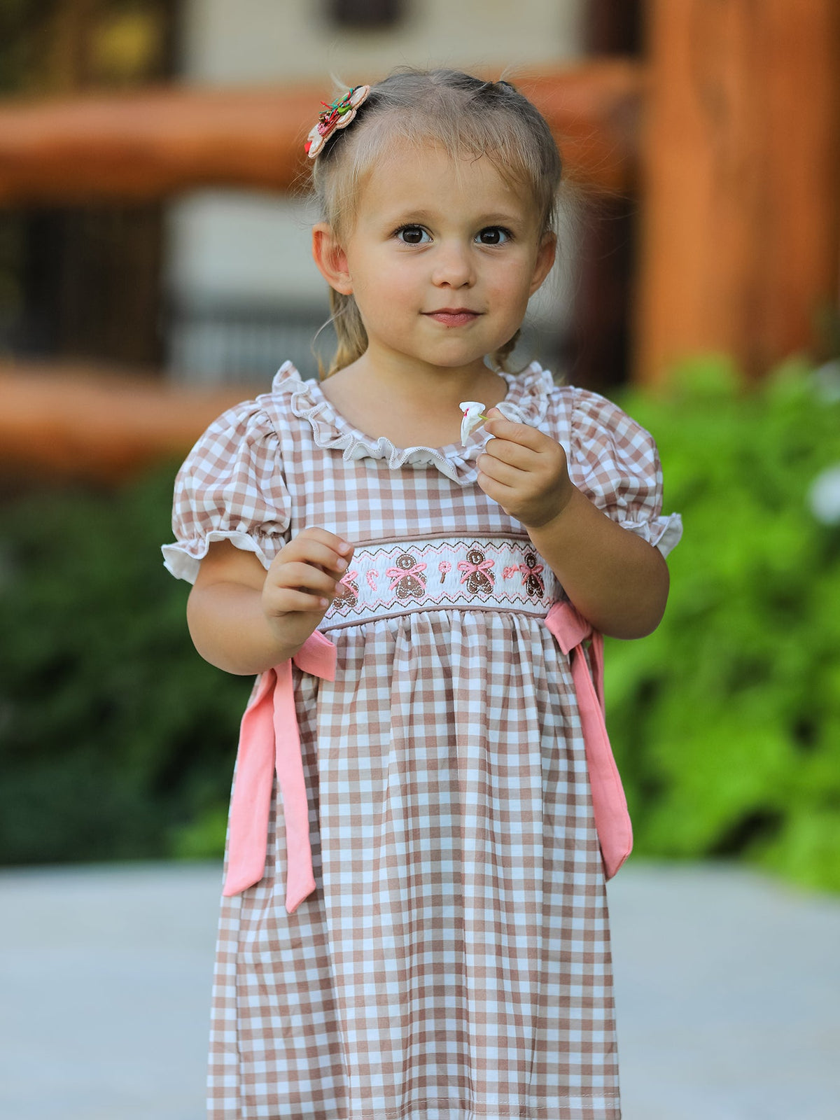 Christmas Vintage-Style Plaid Dress with Embroidered Gingerbread and Bows by Rylee Faith Designs