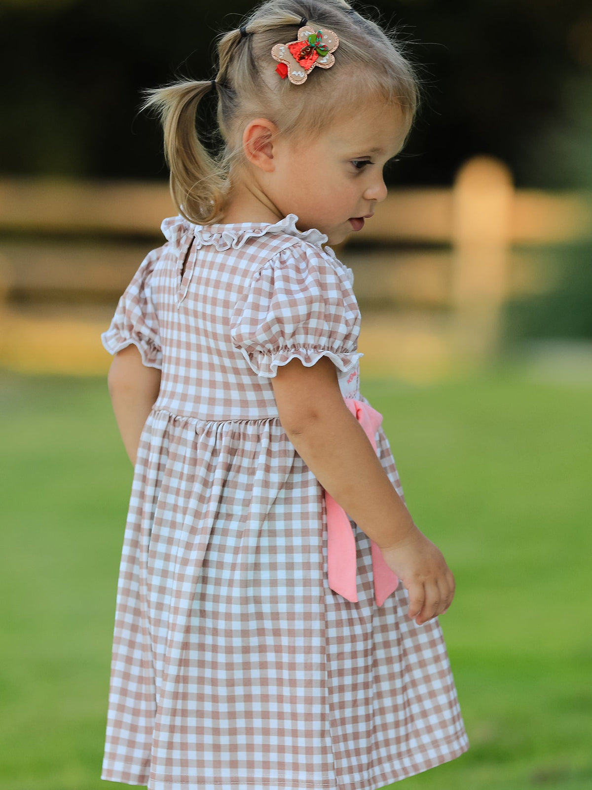 Christmas Vintage-Style Plaid Dress with Embroidered Gingerbread and Bows by Rylee Faith Designs
