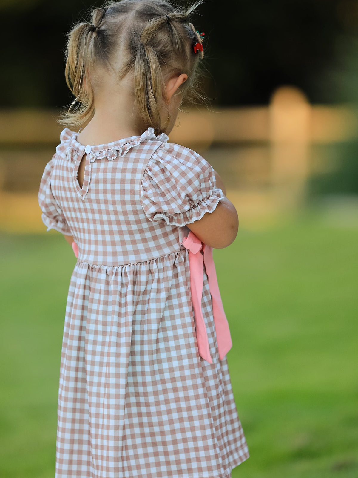 Christmas Vintage-Style Plaid Dress with Embroidered Gingerbread and Bows by Rylee Faith Designs