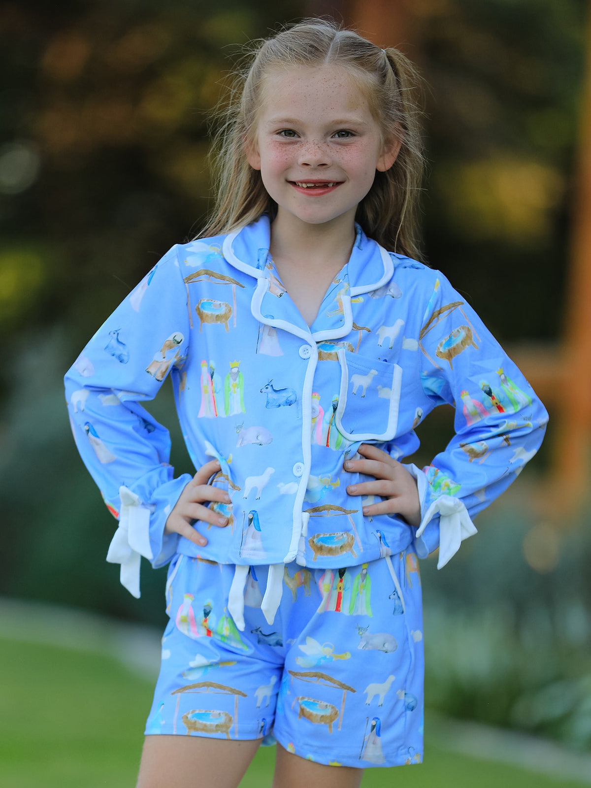 Blue Christmas Nativity Pattern Girls Pajamas Set by Rylee Faith Designs