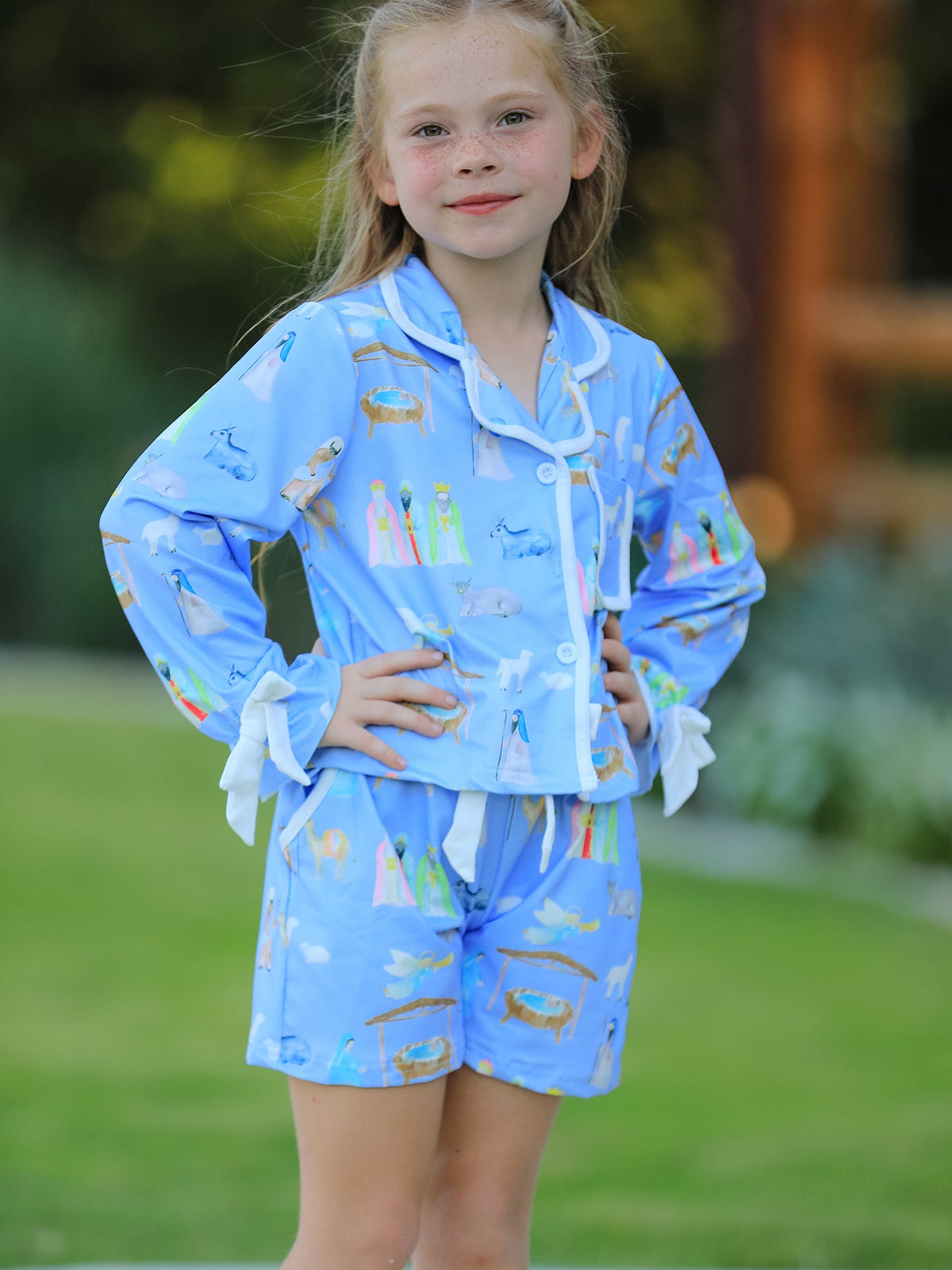 Blue Christmas Nativity Pattern Girls Pajamas Set by Rylee Faith Designs