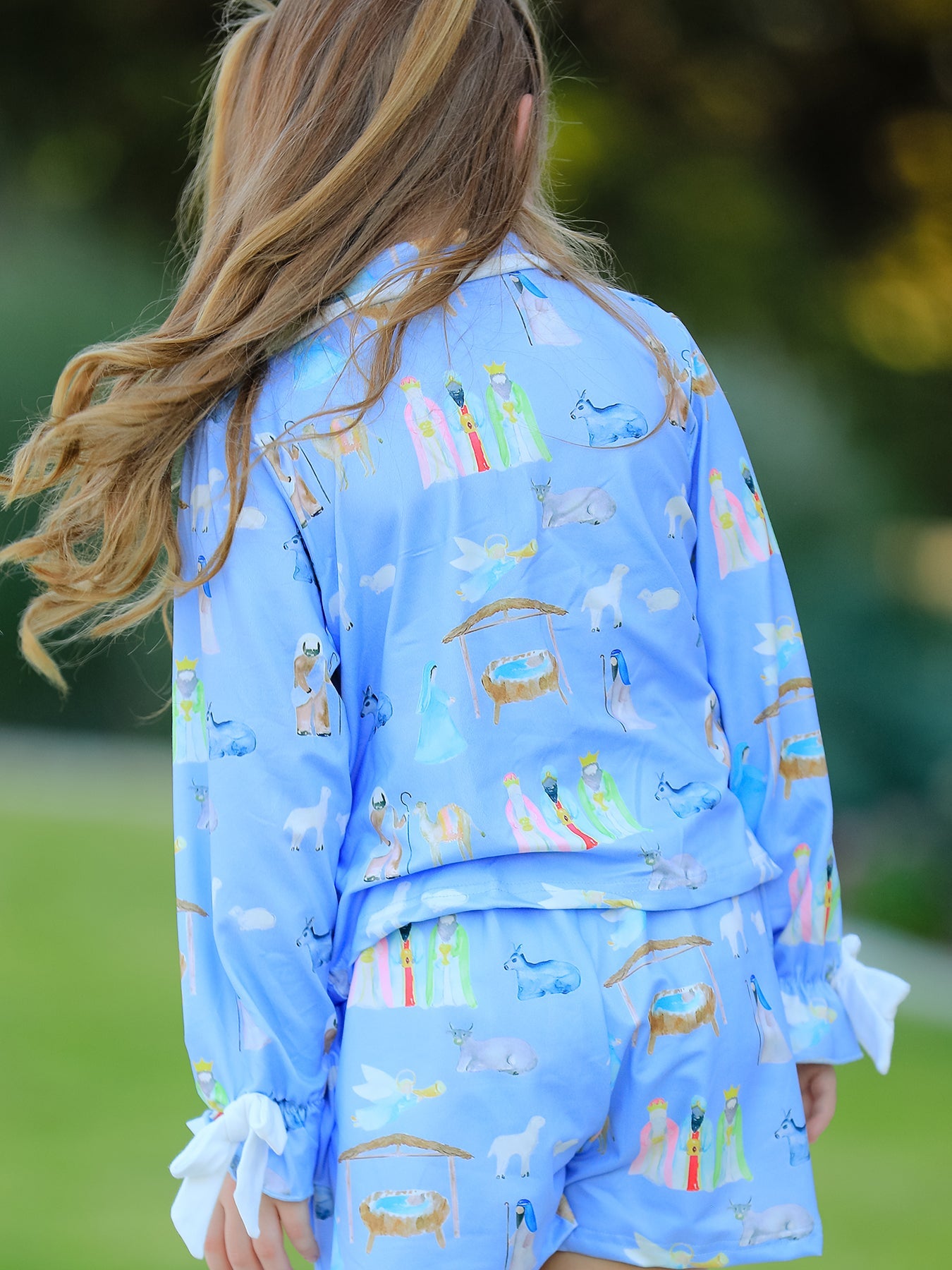 Blue Christmas Nativity Pattern Girls Pajamas Set by Rylee Faith Designs