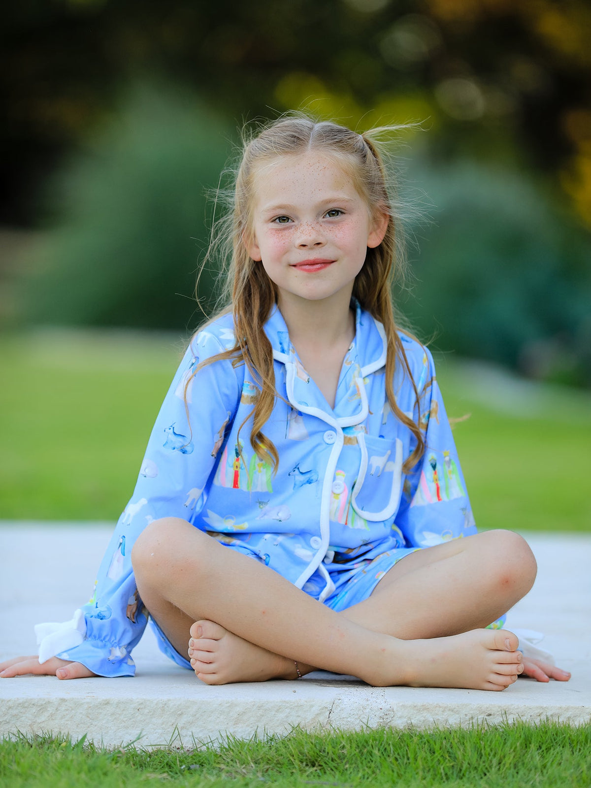 Blue Christmas Nativity Pattern Girls Pajamas Set by Rylee Faith Designs