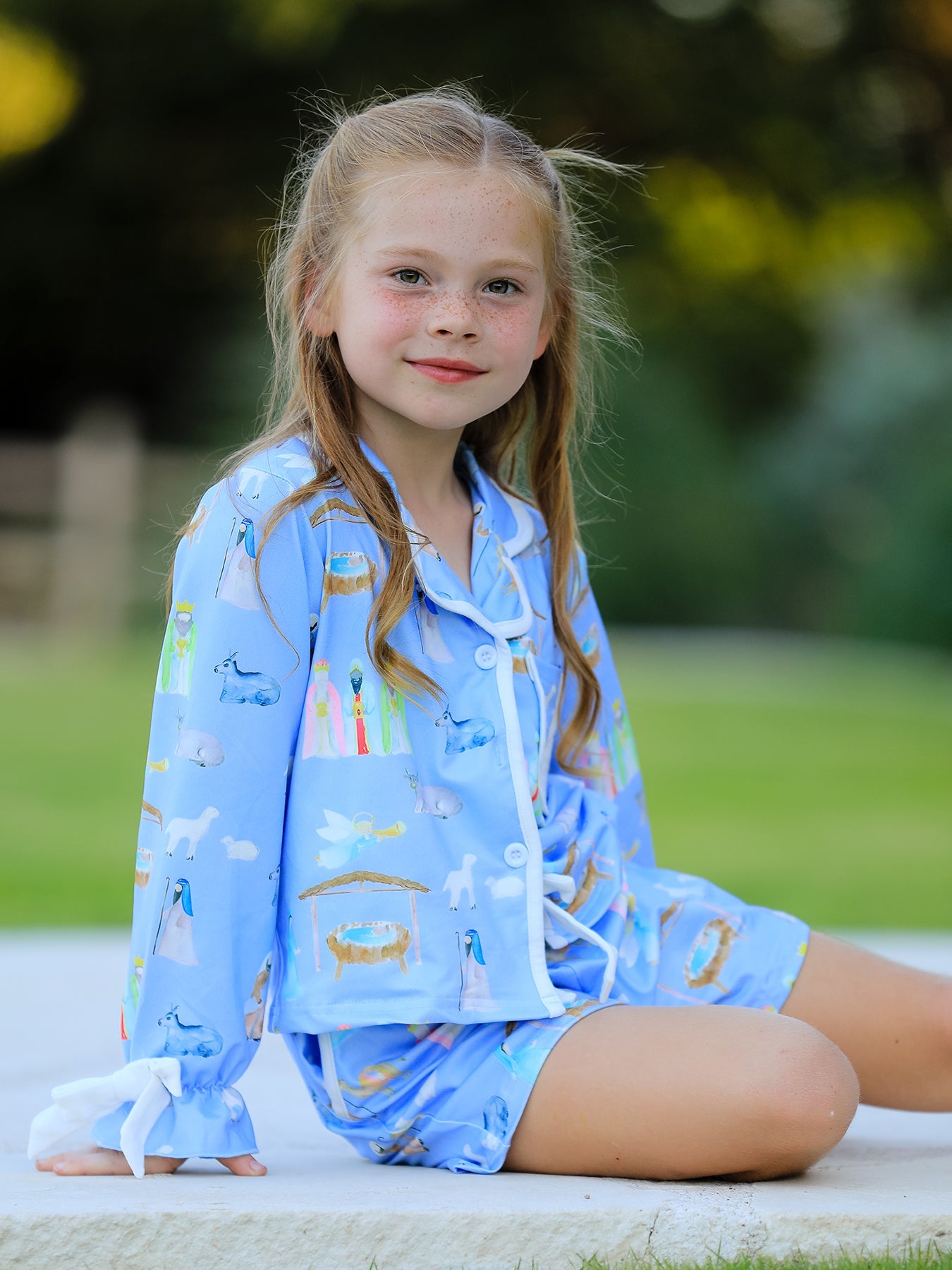 Blue Christmas Nativity Pattern Girls Pajamas Set by Rylee Faith Designs