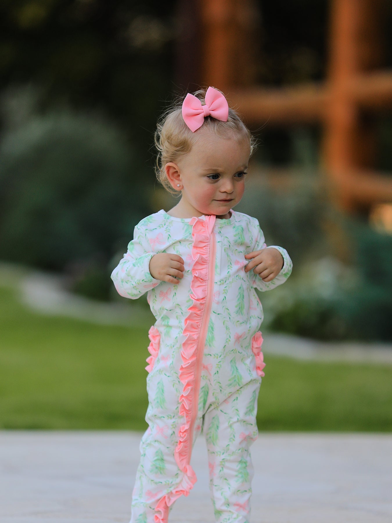 Christmas Tree Wreath Print Long Sleeve Zip Baby Girls Romper by Rylee Faith Designs