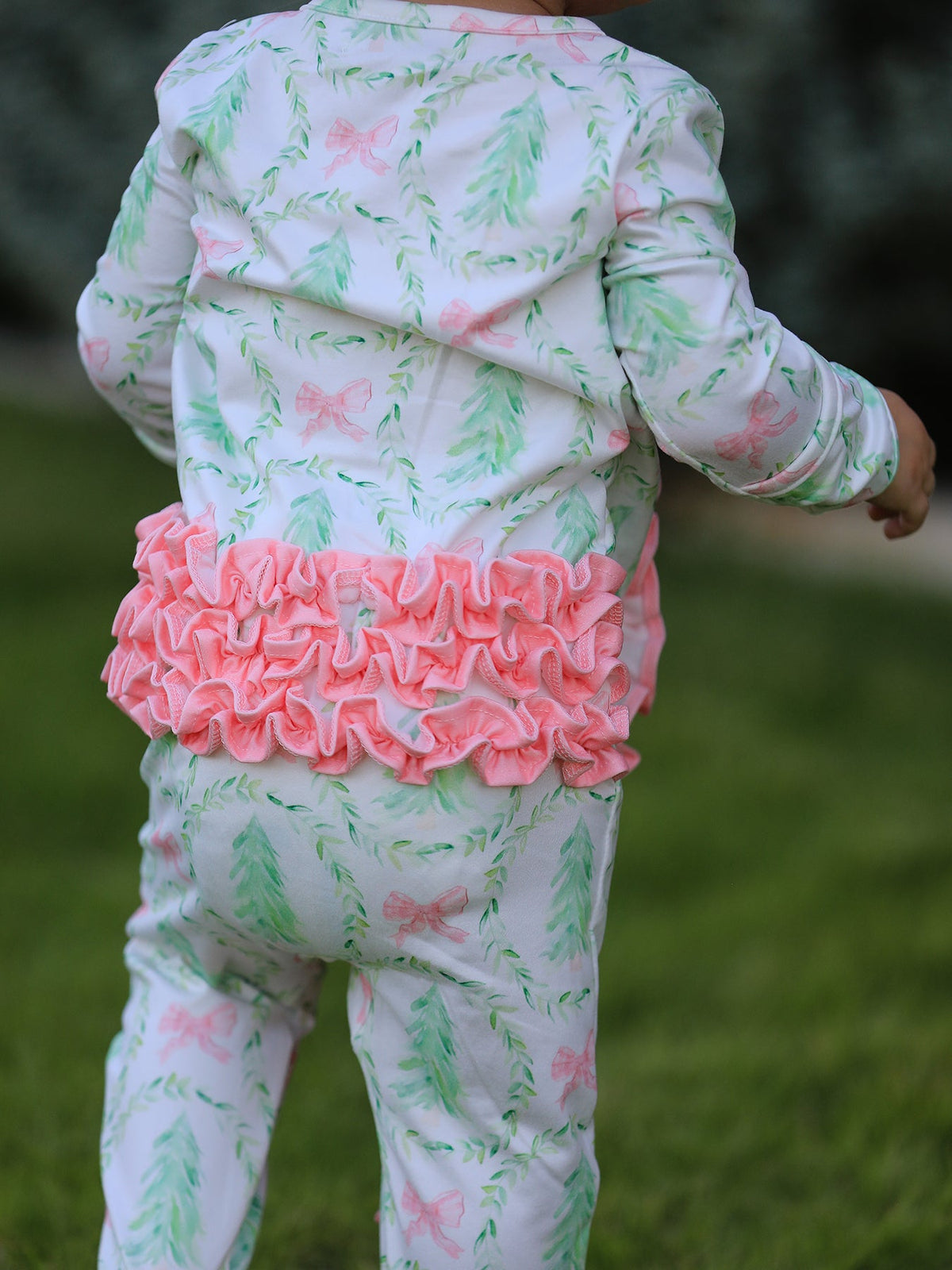 Christmas Tree Wreath Print Long Sleeve Zip Baby Girls Romper by Rylee Faith Designs
