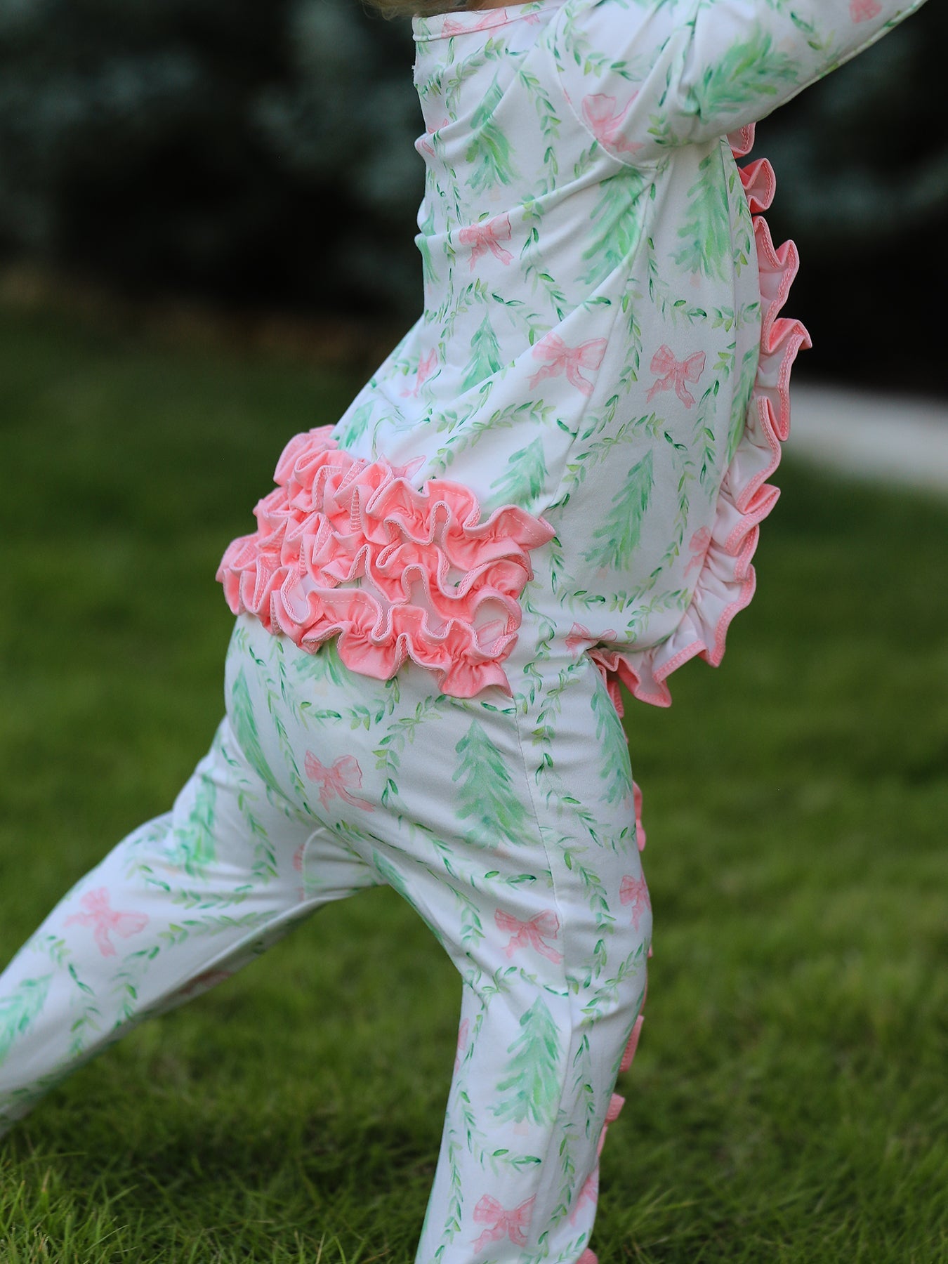 Christmas Tree Wreath Print Long Sleeve Zip Baby Girls Romper by Rylee Faith Designs