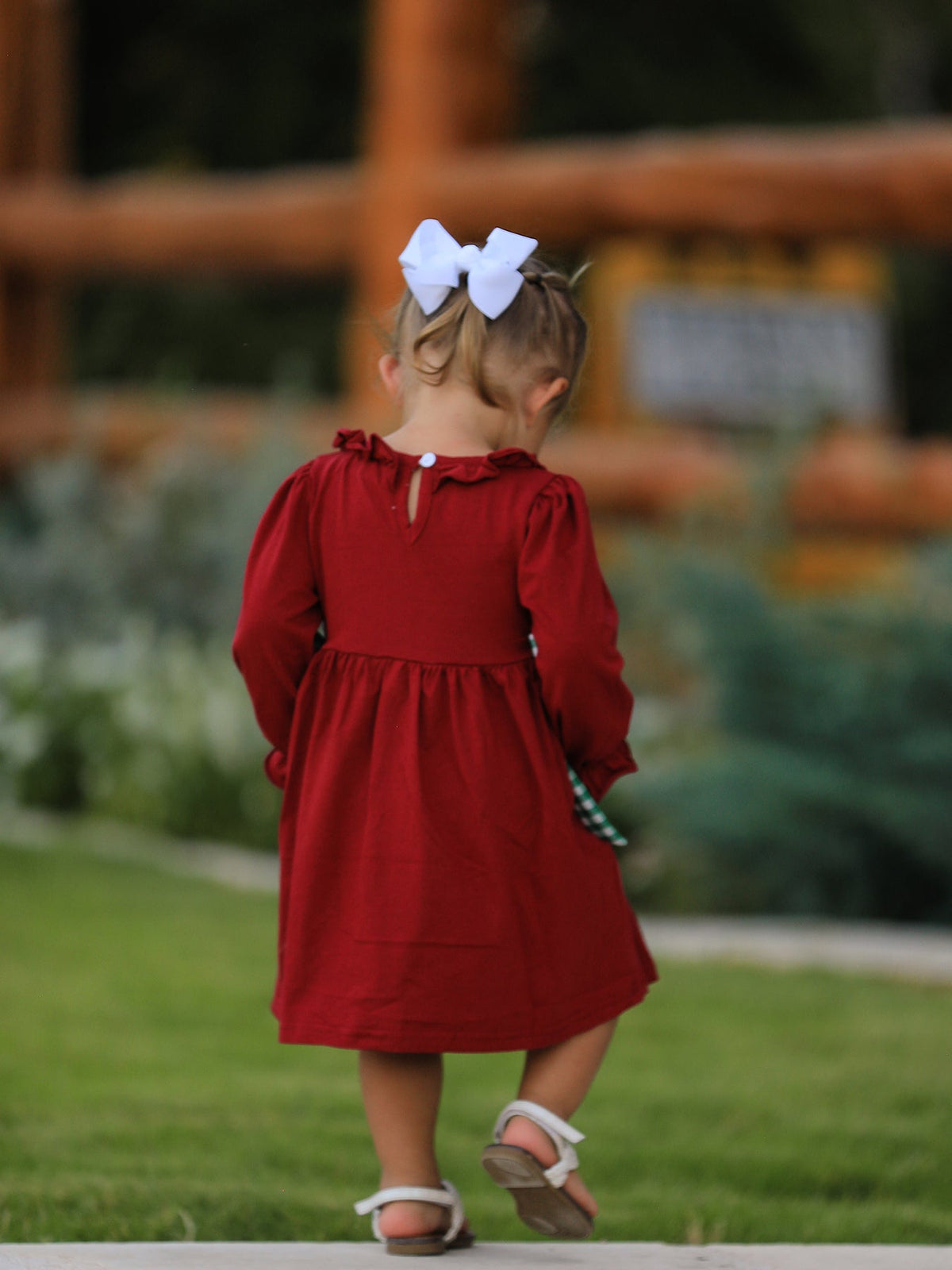 Christmas Smocking Embroidered Girls Dress with Green Plaid Bow by Rylee Faith Designs