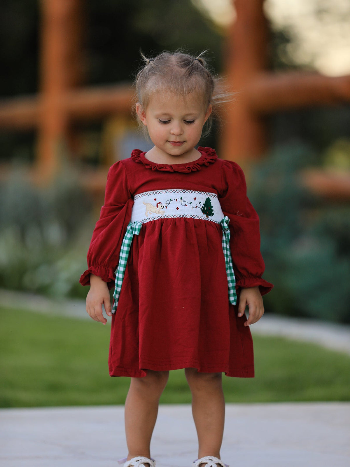 Christmas Smocking Embroidered Girls Dress with Green Plaid Bow by Rylee Faith Designs