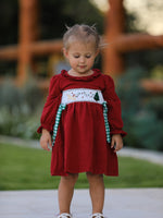 Christmas Smocking Embroidered Girls Dress with Green Plaid Bow by Rylee Faith Designs