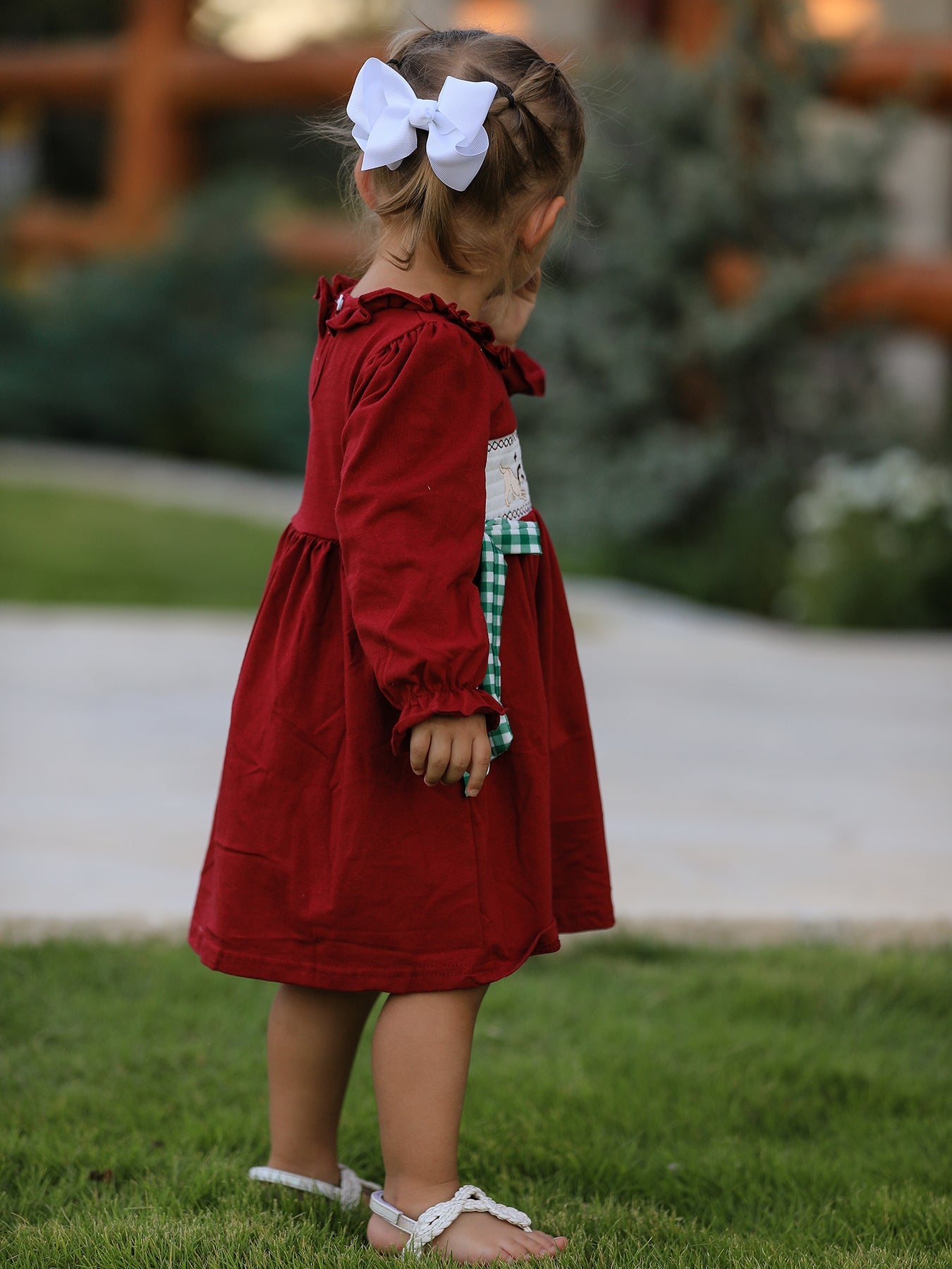Christmas Smocking Embroidered Girls Dress with Green Plaid Bow by Rylee Faith Designs