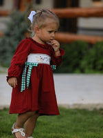 Christmas Smocking Embroidered Girls Dress with Green Plaid Bow by Rylee Faith Designs