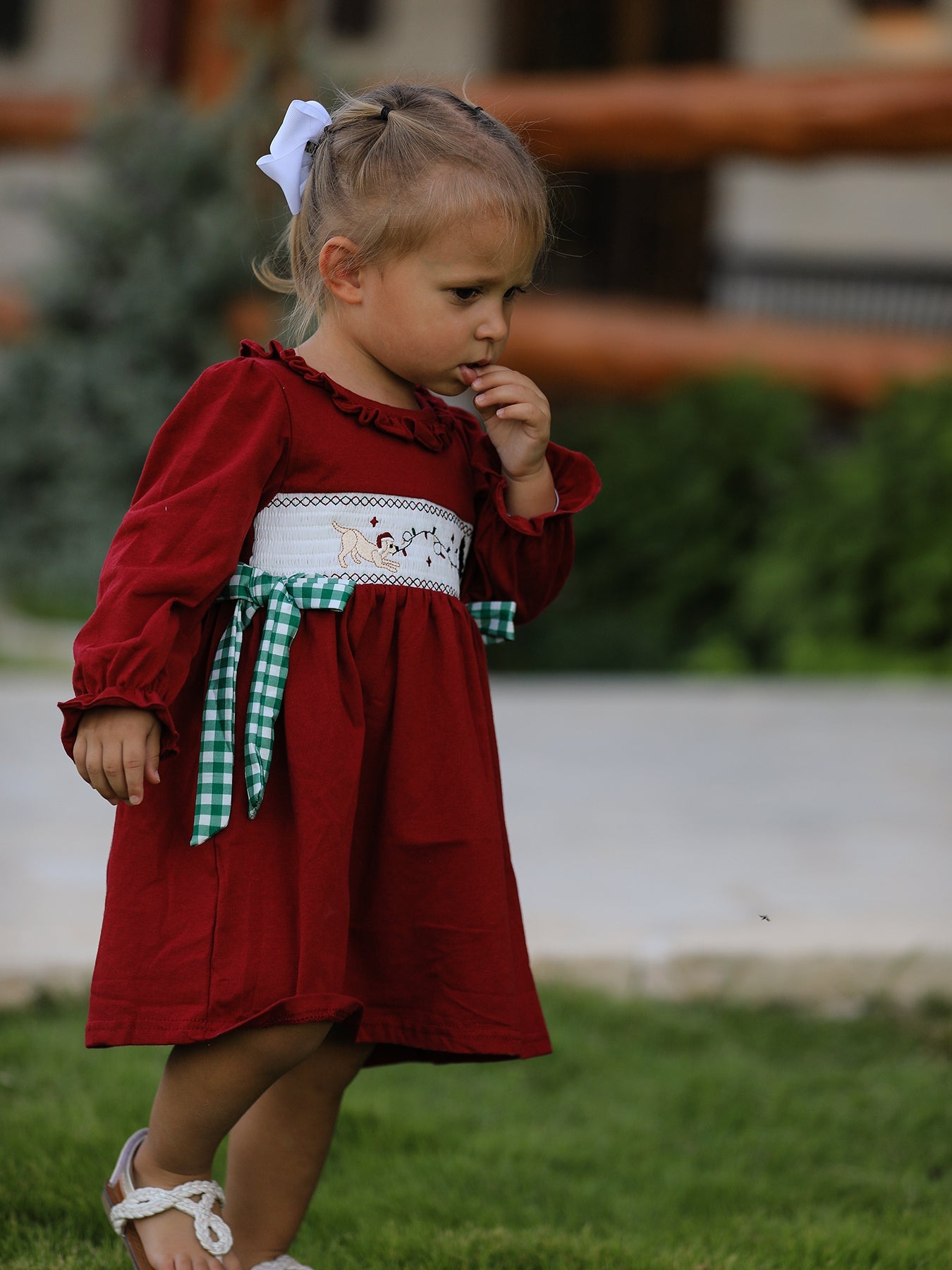 Christmas Smocking Embroidered Girls Dress with Green Plaid Bow by Rylee Faith Designs