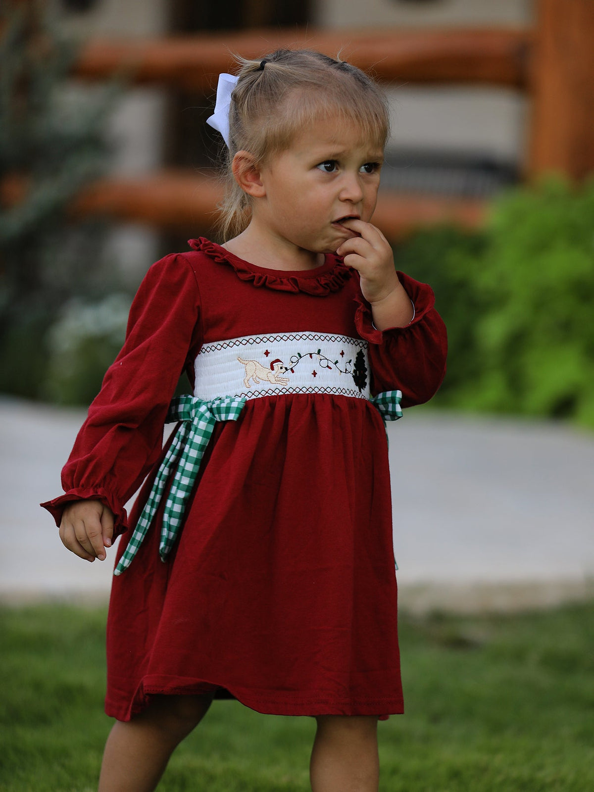 Christmas Smocking Embroidered Girls Dress with Green Plaid Bow by Rylee Faith Designs