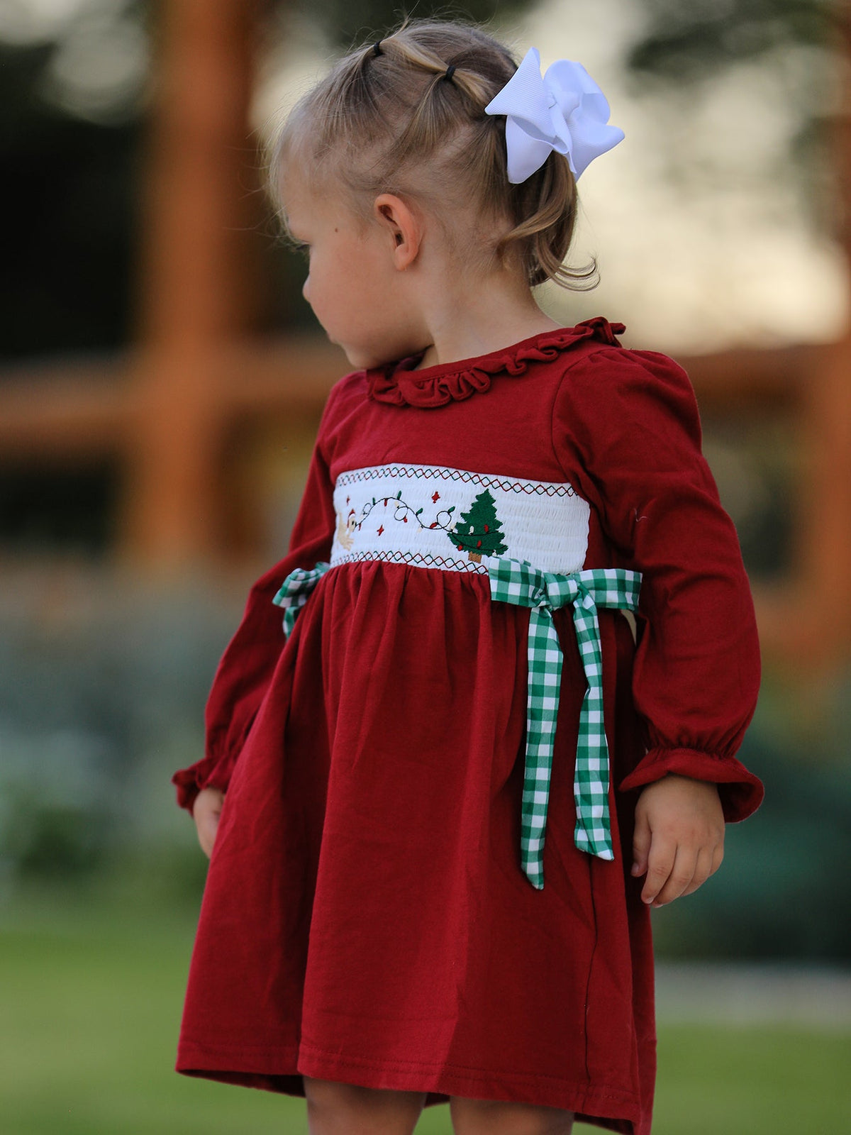 Christmas Smocking Embroidered Girls Dress with Green Plaid Bow by Rylee Faith Designs