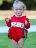 Christmas Smocked Girls Romper with Green Bow and Tree Embroidery by Rylee Faith Designs